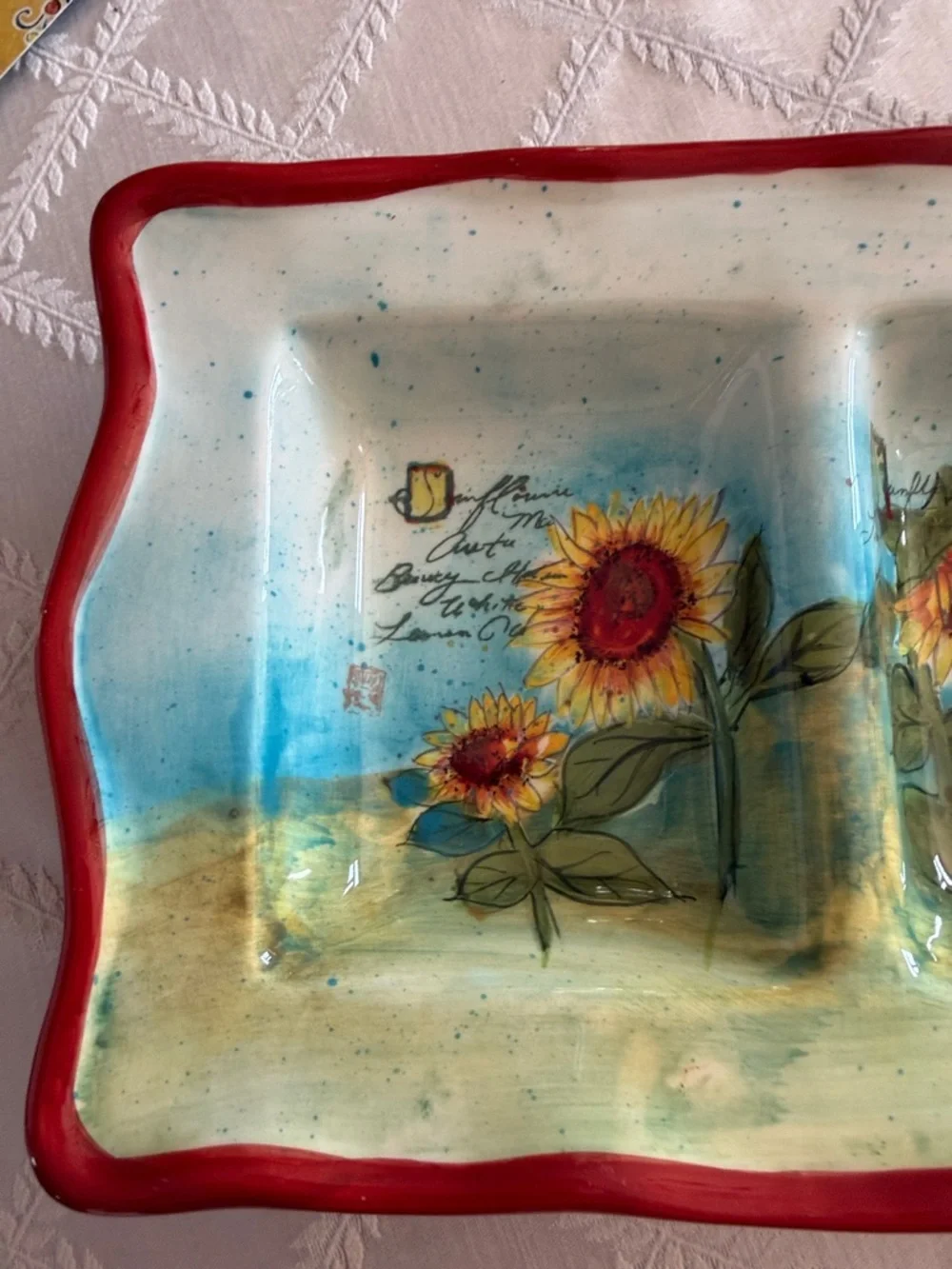 Sunflower Sectioned Serving Tray - Red Rim